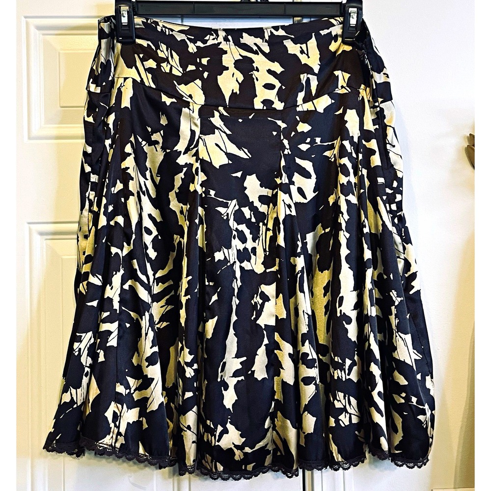Y2K VTG Apostrophe Satin Floral Skirt 18 Dark Brown Golden Tan Pleated Lace Hem